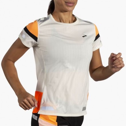 BROOKS Run Visible Short Sleeve 2.0 donna- Ecru/Fluoro Flash/Black